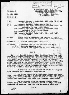 COMCRUDIV 4 - Rep of Bombardments in Support of Invasion & Occupation of Peleliu Is, Palau Is, 9/11-24/44