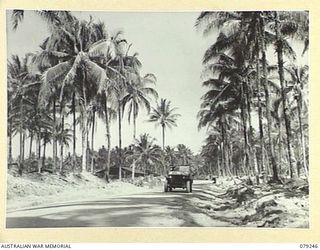 PALMALMAL PLANTATION, NEW BRITAIN. 1945-02-13. THE JEEP OF THE 5TH DIVISION POSTAL UNIT BRINGING IN THE MAIL THAT HAS JUST BEEN FLOWN IN BY A ROYAL AUSTRALIAN AIR FORCE, MARTIN "MARINER" AIRCRAFT