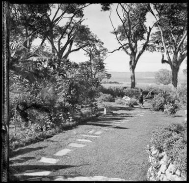View towards the harbour from the Chinnery's garden with Aiau [?] mowing the grass, Malaguna Road, Rabaul, New Guinea, ca. 1936 / Sarah Chinnery