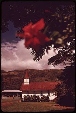 OUR LADY OF SORROWS CHURCH, BUILT IN 1874 BY FATHER DAMIEN VENERATED MISSIONARY TO THE LEPERS OF MOLOKAI. THE CHURCH IS STILL IN USE