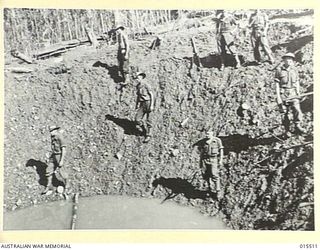 1943-08-11. NEW GUINEA. AUSTRALIAN TROOPS EXAMINE A BOMB CRATER MADE BY A "BLOCK BUSTER" DROPPED NEAR MUBO DURING WHAT WAS THEN THE BIGGEST AIR BLITZ ON ANY SINGLE JAP TARGET IN NEW GUINEA. IN 45 ..