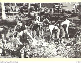 SIAR, NEW GUINEA. 1944-06-25. MEMBERS OF A WORKING PARTY CLEANING UP IN THE TENT LINES OF D COMPANY, 57/60TH INFANTRY BATTALION. IDENTIFIED PERSONNEL ARE:- PRIVATE R. FULLER (1); PRIVATE J. HUNT ..