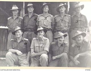 NAGADA, NEW GUINEA. 1944-09-12. OFFICERS OF THE 5TH FIELD COMPANY. IDENTIFIED PERSONNEL ARE: VX92262 LIEUTENANT A.C. PAUL (1); NX50164 LIEUTENANT J.B. DEERY (2); VX42163 LIEUTENANT V.O. CADWALLADER ..