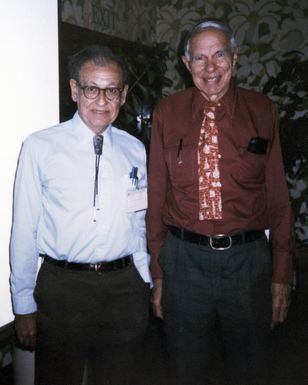 Albert Ghiorso (left) and Glenn Seaborg at the ACS meeting in Honolulu, Hawaii. Photograph taken December 19, 1984. BBC8906-04778. [Photograph by: Unknown]
