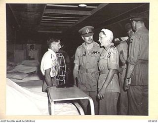 TOROKINA, BOUGAINVILLE, 1945-07-03. HIS ROYAL HIGHNESS, THE DUKE OF GLOUCESTER, GOVERNOR-GENERAL OF AUSTRALIA (2), SPEAKING WITH SISTER PHILLIS E. MOREY OF THE AUSTRALIAN ARMY NURSING SERVICE ..