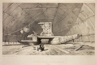 Le Breton, Louis Auguste Marie, 1818-1866 :Pirogue double sous son hangard (Ile Vavao). Dessine par L. Le Breton. Lith.e par P. Blanchard. Paris. Gide Editeur. Lith de Thierry freres a Paris. [1846].