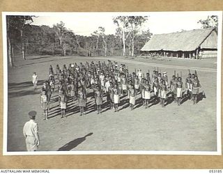 BISIATABU, NEW GUINEA. 1943-07-01. Q 186189 WARRANT OFFICER (II) T.A. BRUCE, COMPANY SERGEANT-MAJOR, "C" COMPANY, 1ST PAPUAN INFANTRY BATTALION, TAKING A PARADE OF "C" COMPANY AND TRAINING COMPANY ..