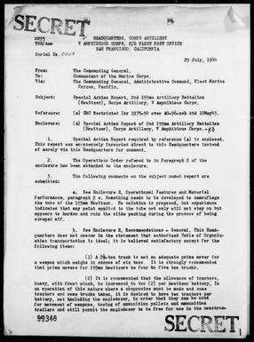 COM GEN, HDQTRS CORPS ARTILLERY 5th PHIS CORPS - Fwding of Second 155 mm Artillery Bn (Howitzer), Corps Artillery Rep of Ops in the Occupation of Saipan Is, Marianas, 6/15/44 - 7/9/44