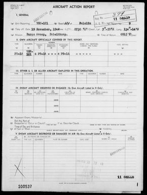VMF-121 - ACA Rep #9 - Barge Sweep in the Palau Is on 11/19/44