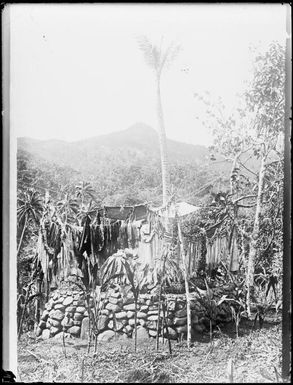 Stone platform with cloth hangings above, Fiji, ca. 1920 / E.W. Searle