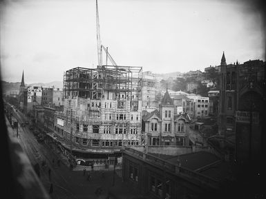 Willis and Boulcott Streets, Wellington, with the Hotel St George under construction