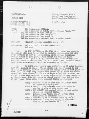 USS MARSHALL - AA Act Rep 3/30/44 Southeast of Palau Is