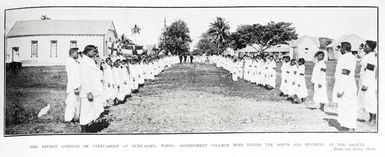 The recent opening of parliament at Nuku'alofa, Tonga: Government College boys lining the route and standing at the salute