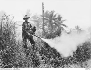 LAE, NEW GUINEA, 1944-03-25. QX41142 STAFF-SERGEANT W. R. JONES, 9TH MALARIAL CONTROL UNIT ATTACHED TO HEADQUARTERS LAE BASE SUB-AREA, USING A DUSTING SPRAY ON A MOSQUITO INFESTED AREA NEAR THE ..