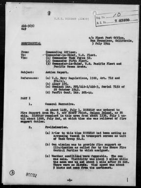 USS RENSHAW - Report of Fire Support Mission off Saipan Island, Marianas Night of 7/1-2/44