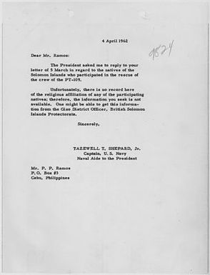 Letter in response to inquiry about PT-109 and the natives of the Solomon Islands, 4 April 1962