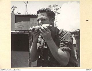 CAPE PUS, NEW GUINEA. 1945-09-29. PRIVATE E.L. MCGREGOR, 2/3 INFANTRY BATTALION, ENJOYING A JAM TART