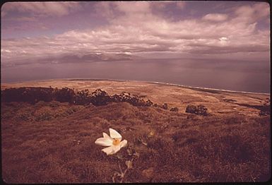 IN MAY, 1973, IN A CONTROVERSIAL DECISION NOW IN THE COURTS, THE LAND USE COMMISSION AGREED TO RECLASSIFY 22,340 ACRES OF THE ISLAND OF LANAI FOR URBAN USE. LAND ON THE EASTERN SIDE (SHOWN HERE) IS TOO DRY FOR PRIME AGRICULTURE. MUCH OF THE PROPOSED EXPANSION (HOUSES TOURIST ACCOMMODATIONS) WOULD BE IN THIS AREA. IN BACKGROUND IS MAUI ISLAND