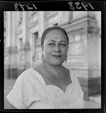 Mrs Mabel Reid, acting Speaker of the American Samoa House of Representatives, in Parliament grounds, Wellington