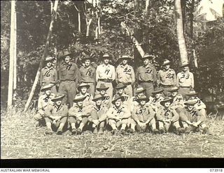 DUMPU, NEW GUINEA. 1944-06-20. PERSONNEL OF COMPANY HEADQUARTERS, 11TH DIVISION CARRIER COMPANY. LEFT TO RIGHT: FRONT ROW: NX146988 PRIVATE (PTE) N. T. MARONEY; NX146989 PTE P. V. MANNING; NX136710 ..