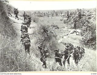 1943-10-08. NEW GUINEA. NEAR KAIAPIT. AUSTRALIANS MARCH IN SINGLE FILE ALONG A TRACK TO BEGIN THE CLIMB FROM LOW GROUND TO PREPARE POSITIONS ON HIGH RIDGES NEAR KAIAPIT. (NEGATIVE BY G. SHORT)