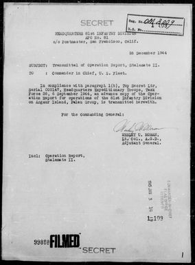 ARMY, 81st INFANTRY DIV, HDQTRS - Report of Operations in the Capture of Angaur Island, Palau Island, 9/15/44 â 10/22/44