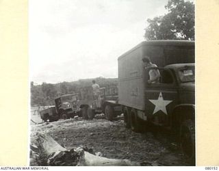 SONG RIVER, NEW GUINEA. 1944-06-27. UNITED STATES ARMY VEHICLES ASSISTS AN AUSTRALIAN NEW GUINEA ADMINISTRATIVE UNIT TRUCK AND OTHER VEHICLES TO NEGOTIATE THE RIVER