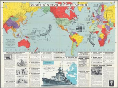 World News of the Week : Monday, Jan. 3, 1944. Covering period Dec. 24 to Dec. 30. Volume 6, No. 18. Published and copyrighted (weekly), 1944, by News Map of the Week, Inc., 1512 Orleans Street, Chicago, Illinois. Published in two sections : Section one. Lithographed in U. S. A.