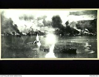 RABAUL, 1943-11-02. AIR STRIKE BY SEVENTY-FIVE B25 MITCHELL BOMBERS AND EIGHTY P38 LIGHTNING AIRCRAFT OF THE US FIFTH AIR FORCE ON JAPANESE SHIPPING IN SIMPSON HARBOUR. (DONOR: W. TUCK)