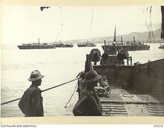 WHITE BEACH, SAIDOR, NEW GUINEA, 1944-02-10. BARGES AND PATROL TORPEDO BOATS OF THE 542ND UNITED STATES BOAT COMPANY, AT WHITE BEACH