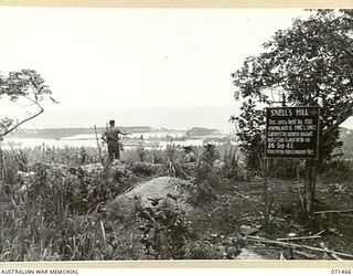 SNELL'S HILL, FINSCHHAFEN AREA, NEW GUINEA. 1944-03-27. THE BATTLE SIGN ON SNELL'S HILL RECORDING THE ACTIVITIES OF B AND C COMPANIES, 2/15TH INFANTRY BATTALION ON THE 1943-09-26, DURING OPERATIONS ..