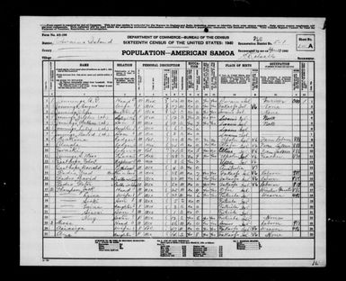 1940 Census - American Samoa - Swains Island County - ED 5-1