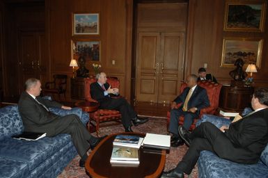 [Assignment: 48-DPA-02-26-08_SOI_K_Bice_Penn] Secretary Dirk Kempthorne [meeting at Main Interior with Department of Defense delegation including the Assistant Secretary of the Navy for Installations and Environment], S.J. Penn, and [the Executive Director of the Joint Guam Program Office, retired] Major General David Bice [48-DPA-02-26-08_SOI_K_Bice_Penn_IOD_1230.JPG]