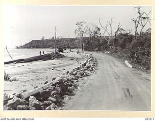 CAPE WOM, NEW GUINEA. 1945-05-29. THE NARROW TRACK LEADING TO WEWAK POINT IN BACKGROUND. THIS TRACK IS ON THE ONLY STRIP OF PASSABLE LAND ON THE NARROW PENINSULA. NOT MORE THAN TWENTY YARDS WIDE, ..