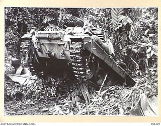 TOROKINA AREA, BOUGAINVILLE. 1945-07-28. AN M24 GENERAL CHAFFEE LIGHT TANK, UNDERGOING TESTS FOR THE WAR OFFICE, VIEWED FROM ITS REAR LEFT WHILE CLIMBING OVER A FALLEN TREE THREE FEET IN DIAMETER