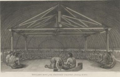 Poulaho, King of the Friendly Islands, drinking kava / J. Webber del.; W. Sharp sculp