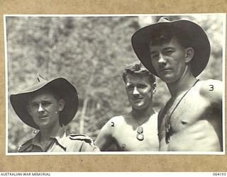 MOUNT PROTHERO, NEW GUINEA. 1944-01-20. PERSONNEL OF THE 2/12TH INFANTRY BATTALION PHOTOGRAPHED JUST BEFORE THE ACTION ON MOUNT PROTHERO. THEY ARE:- VX72720 SERGEANT W. LAIGH (1); QX3642 PRIVATE H. ..