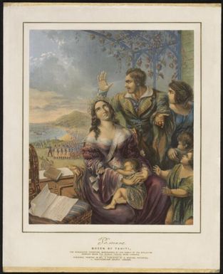 Pomare, Queen of Tahiti, the persecuted Christian surrounded by her family at the afflictive moment when the French forces were landing / designed [and] printed in oil by G. Baxter, patentee