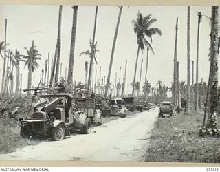 HANSA BAY, NEW GUINEA. 1944-09-06. ABANDONED JAPANESE MOTOR VEHICLES LINING ONE OF THE ROADS NEAR THE BAY