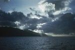 View of Moorea Island in French Polynesia in the South Pacific as seen from sea from one of the research ships during the Capricorn Expedition (1952-1953). January 17, 1953