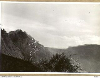 SHAGGY RIDGE, NEW GUINEA. 1943-12-27. UNITED STATES FIGHTER AIRCRAFT STRAFING JAPANESE POSITIONS ON THE "PIMPLE" DURING THE ASSAULT ON THE RIDGE BY TROOPS OF THE 2/16TH AUSTRALIAN INFANTRY ..