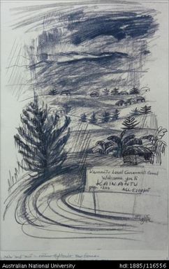 rain and mist - Eastern Highlands, New Guinea [with road sign “ . . . Kainantu”]