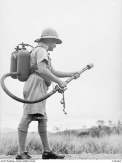 PAPUA, NEW GUINEA. 1942-08. FLAME THROWERS USED BY THE JAPANESE AGAINST AUSTRALIAN TROOPS AT MILNE BAY