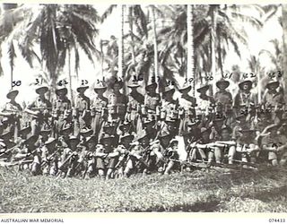 MADANG, NEW GUINEA. 1944-07-01. PERSONNEL OF THE 24TH INFANTRY BATTALION WHO FOUGHT IN THE BUANG RIVER CAMPAIGN. IDENTIFIED PERSONNEL ARE:- VX41601 PRIVATE E.F. GALLOWAY (1); VX147135 PRIVATE L.A. ..