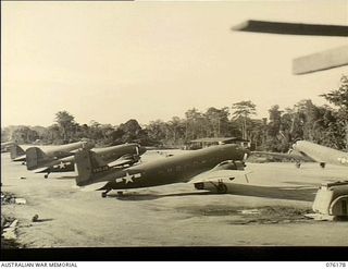 Finschhafen, New Guinea. 1944-09-20. United States Army Air Force Douglas C47 transport aircraft at the airfield