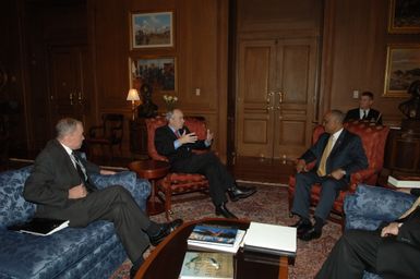 [Assignment: 48-DPA-02-26-08_SOI_K_Bice_Penn] Secretary Dirk Kempthorne [meeting at Main Interior with Department of Defense delegation including the Assistant Secretary of the Navy for Installations and Environment], S.J. Penn, and [the Executive Director of the Joint Guam Program Office, retired] Major General David Bice [48-DPA-02-26-08_SOI_K_Bice_Penn_IOD_1228.JPG]