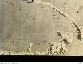 Melbourne, Vic. 1945-04-18. A relief map at L Block, Land HQ Victoria Barracks, St Kilda Road, showing a section of New Britain to Jacquinot Bay, Wide Bay and New Ireland