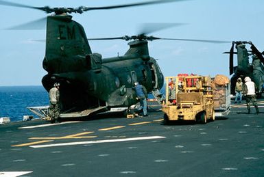 Marine CH-46 Sea Knight helicopters aboard the amphibious assault ship USS GUAM (LPH 9) during operations off the coast of Beirut, Lebanon