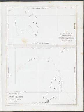 Voyage de la corvette l'Astrolabe : exécuté par ordre du roi, pendant les annees 1826, 1827, 1828, 1829, sous le commandement de M. J. Dumont D'Urville, capitaine de vaisseau.: Carte du groupe d'Elivi (archipel des Carolines) / Carte des Iles Aiou et Asia (Iles des Papous)