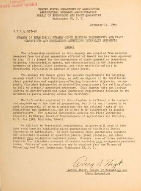 Summary of territorial nursery-stock shipping requirements and plant quarantines and regulations affecting interstate shipments : Hawaii